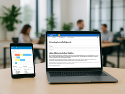 Hinweisgebersystem Ein Laptop und ein Tablet stehen auf einem hellen Holzschreibtisch in einem modernen, lichtdurchfluteten Büro. Auf beiden Geräten ist das Dashboard eines digitalen Hinweisgebersystems sichtbar – der Laptop zeigt ein Eingabeformular nach dem Hinweisgeberschutzgesetz, das Tablet eine grafische Auswertung von Meldungen. Im Hintergrund arbeiten unscharf mehrere Personen, grüne Pflanzen sorgen für eine angenehme Arbeitsatmosphäre.