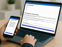 Eine Meldung über das Hinweisgebersystem einreichen Person nutzt gleichzeitig Smartphone und Laptop zur Eingabe in ein digitales Hinweisgebersystem. Auf beiden Geräten ist ein Meldeformular geöffnet, das eine anonyme oder vertrauliche Eingabe von Hinweisen ermöglicht. Die Darstellung zeigt die barrierefreie, responsive Nutzung des Systems auf mobilen und stationären Geräten.