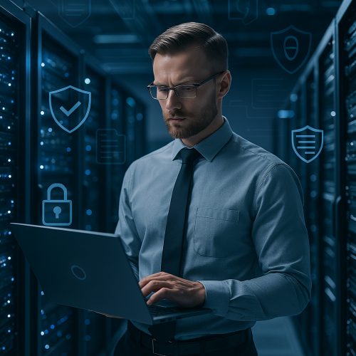  IT-Compliance-Spezialist in einem modernen Rechenzentrum arbeitet konzentriert an einem Laptop. Umgeben von Serverracks und stilisierten Symbolen wie Schloss, Schild und Dokument, die Datensicherheit, Verschlüsselung und Datenschutz symbolisieren.