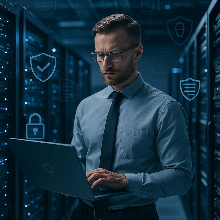 IT-Compliance-Spezialist in einem modernen Rechenzentrum arbeitet konzentriert an einem Laptop. Umgeben von Serverracks und stilisierten Symbolen wie Schloss, Schild und Dokument, die Datensicherheit, Verschlüsselung und Datenschutz symbolisieren.