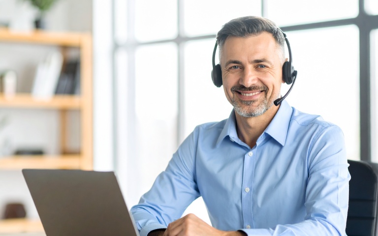 Freundlicher Support-Mitarbeiter mit Headset am Laptop bietet Online-Unterstützung und Software-Einrichtung für Kunden an.