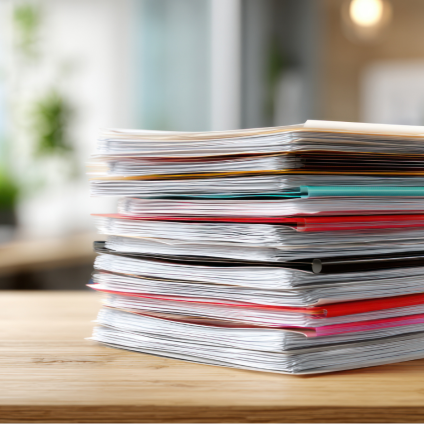 Chaos de papier et gestion des fiches au bureau - des processus inefficaces sans solution numérique Les piles de documents papier symbolisent une gestion chaotique des fiches et une administration confuse.