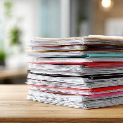 Chaos de papier et gestion des fiches au bureau - des processus inefficaces sans solution numérique Les piles de documents papier symbolisent une gestion chaotique des fiches et une administration confuse.