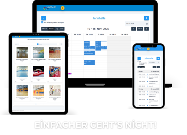 Ein heller Konferenzraum mit einem großen Bildschirm an der Wand, auf dem "RÄUME ZU VERMIETEN" steht, umgeben von einem runden Tisch mit Stühlen.