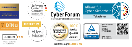 Unsere Zertifizierungen und Mitgliedschaften: Software Hosted in Germany, Software Made in Germany , Zertifiziert nach ISO/IEC 27001:2013, Bundesverband IT-Mittelstand e.V.,Cyberforum e.V.,Allianz für Cyber-Sicherheit